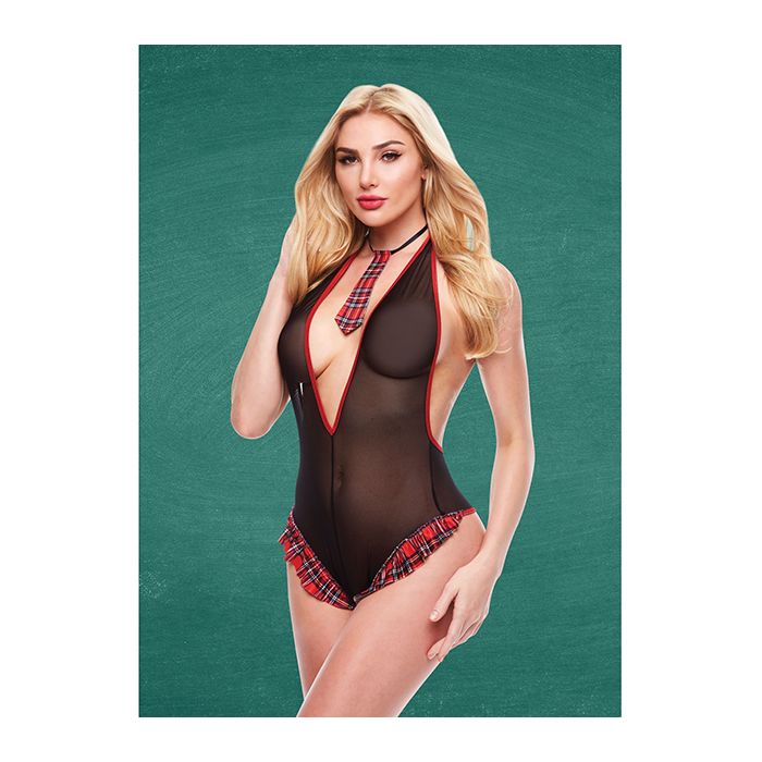 Teacher's Pet Schoolgirl See Thru Crotchless Teddy w/Tie Black/Red